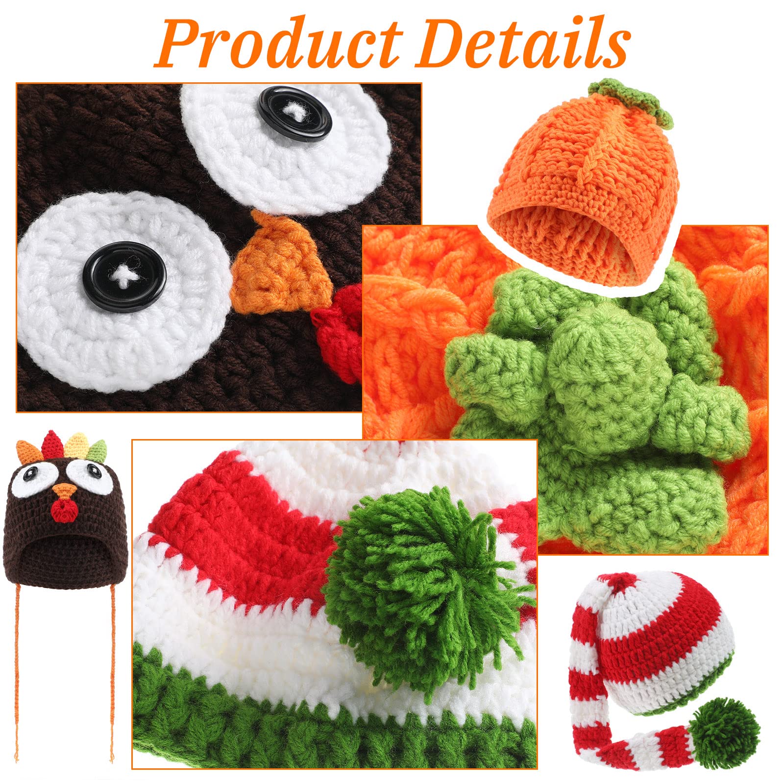 Jiuguva 3 Pieces Baby Crochet Beanie Set, Pumpkin Hat Turkey Beanie and Christmas Long Tail Cap for Unisex Baby Fall Halloween Thanksgiving Xmas Photo Prop