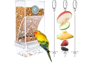VERTUPET No Mess Bird Feeders and 3PCS Bird Food Stainless Steel Holders, Anti Spill Bird Feeder Parrot Automatic Feeder Hanging Vegetable Stick Skewer for Budgies Canary Cockatiel Finch