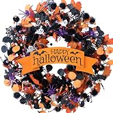 22 Inch Halloween Orange Black Boxwood Wreath with Ghost Spider for Front Door, Soft Touch Boxwood Berries Wreath for Indoor Outdoor, Happy Halloween Sign Wreaths for Home Decor