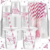Sliner 180 Pcs/ 60 Sets Merry Christmas Cups with Lids and Straws Bulk 12 oz Happy Holiday Disposable Clear Plastic Cups for Beer Snacks Coffee Xmas Party Supplies (Rose Red,Classic Style)