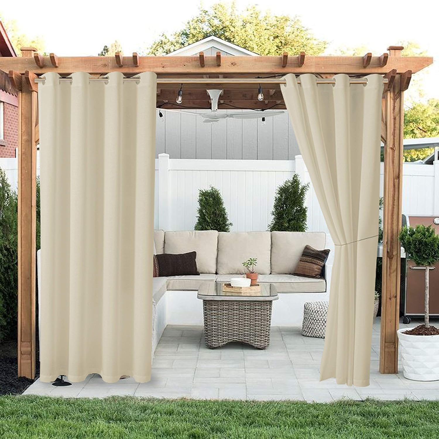 Outdoor Curtains - LORDTEX Linen Look Indoor/Outdoor Curtains, 52 x 95 Inch, Cream – Waterproof, Privacy, Sun Blocking Textured Grommet Curtains for Patio, Pergola, Porch, Deck, Lanai, and Cabana, Set of 2 Panels