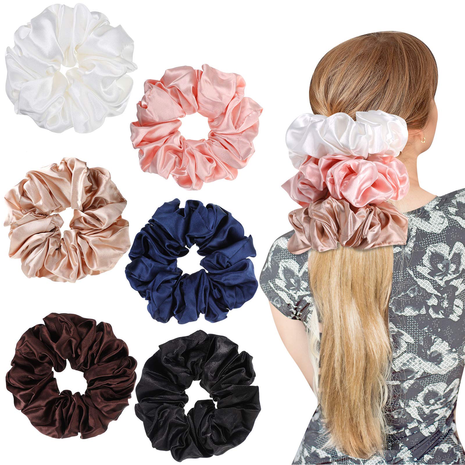 6 Pieces Oversized Satin Scrunchies Set Silk Elastic Hairband Hair Ties Soft Ponytail Holders for Women Girls, Pink, Champagne, Coffee, White, Black and Navy Blue