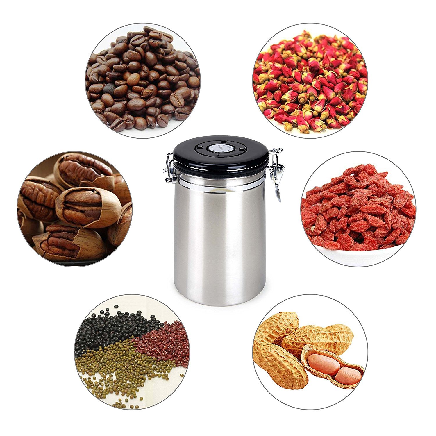 Airtight Coffee Canister,Movaty Stainless Steel Coffee Container CO2 Valve Vacuum Storage, 600g/21oz with 1 Measure Spoon,for Coffee, Tea, Nuts and Powders,Color Silver