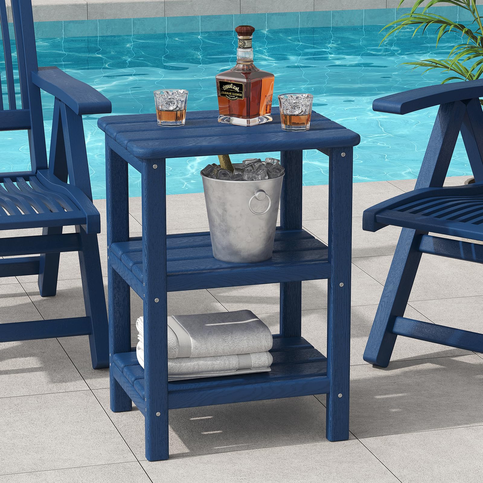 Photo 1 of 3 Tier Outdoor Side Table Adirondack Side Table HDPE End Table Patio Side Table Rectangle Tables for Outdoor Backyard Garden Balcony (Retro, Blue)