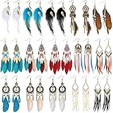 Nosiny 16 Pairs Feather Earrings for Women Dream Catcher Earrings Bohemian Feather Tassel Drop Dangle Colored Beads Faux Pendants Western Vintage Ear Pendants Set