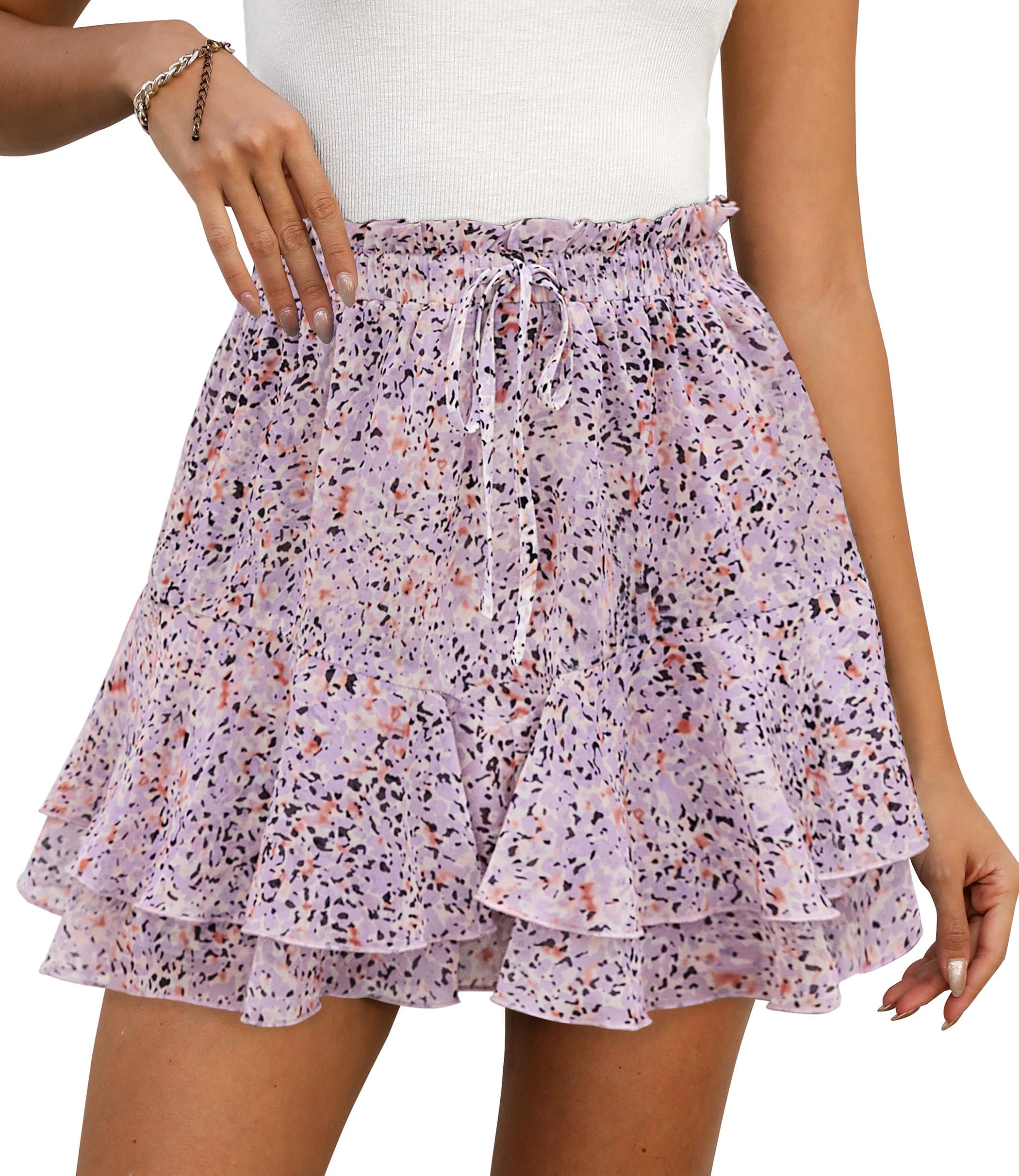 LOMMOJ Shorts for Women Summer Casual Ruffle Chiffon Skorts Boho Mini Skirts Purple Floral S Image