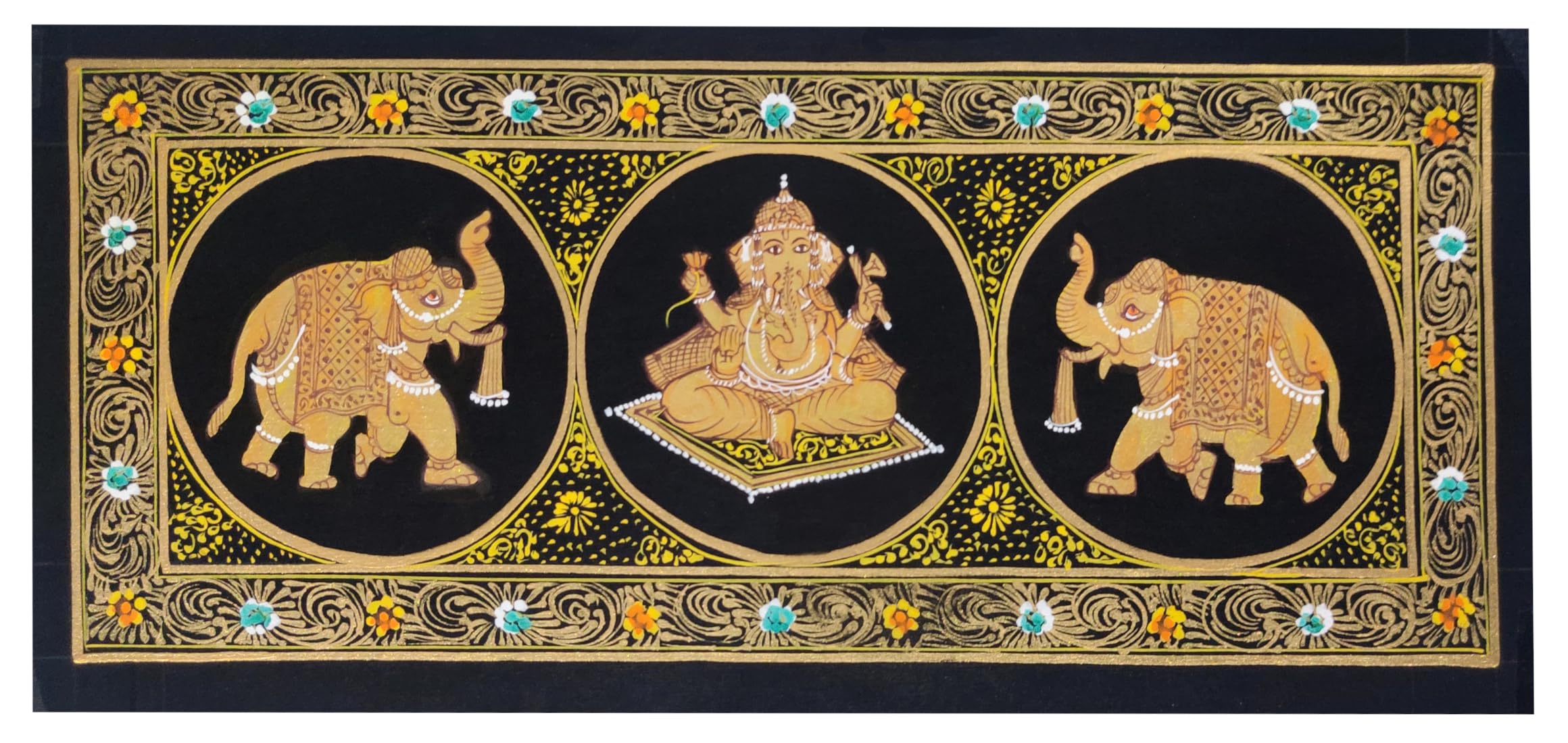 Purpledip Silk Cloth Painting Ganesha (Ganapathi Or Vinayak) With Welcoming Elephants: Collectible Indian Miniature Art Unframed Wall Hanging (12479G)