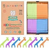 LILY & EDITH Kids Biodegradable Dental Floss Picks 200 Counts | Fluoride Free | Plant Based Compostable | Fun Animal Flossing