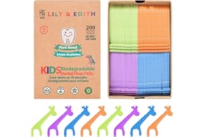 LILY & EDITH Kids Biodegradable Dental Floss Picks 200 Counts | Fluoride Free | Plant Based Compostable | Fun Animal Flossing