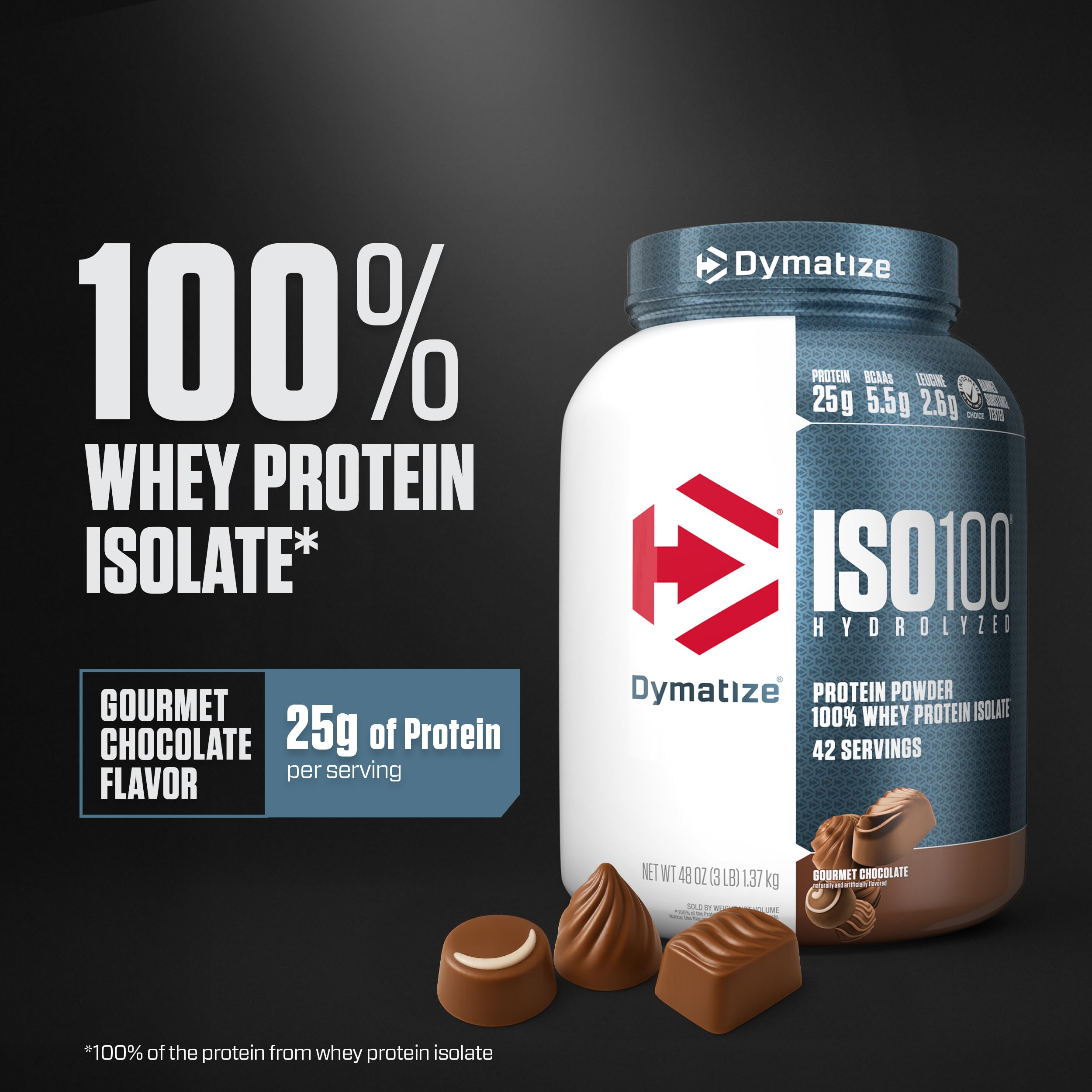 Dymatize ISO100 Hydrolyzed Protein Powder, 100% Whey Isolate Protein, 25g of Protein, 5.5g BCAAs, Gluten Free, Fast Absorbing, Easy Digesting, Gourmet Chocolate, 3 Pound (42 Servings)