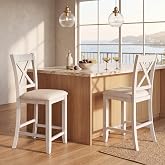 GIANTEX 24" Bar Stools Set of 2, Farmhouse Counter Height Barstools w/Footrest, Cross Back, Comfortable Linen Cushion, Upholstered Wood Bar Chairs for Kitchen Island Dining Room Cafe, Antique White