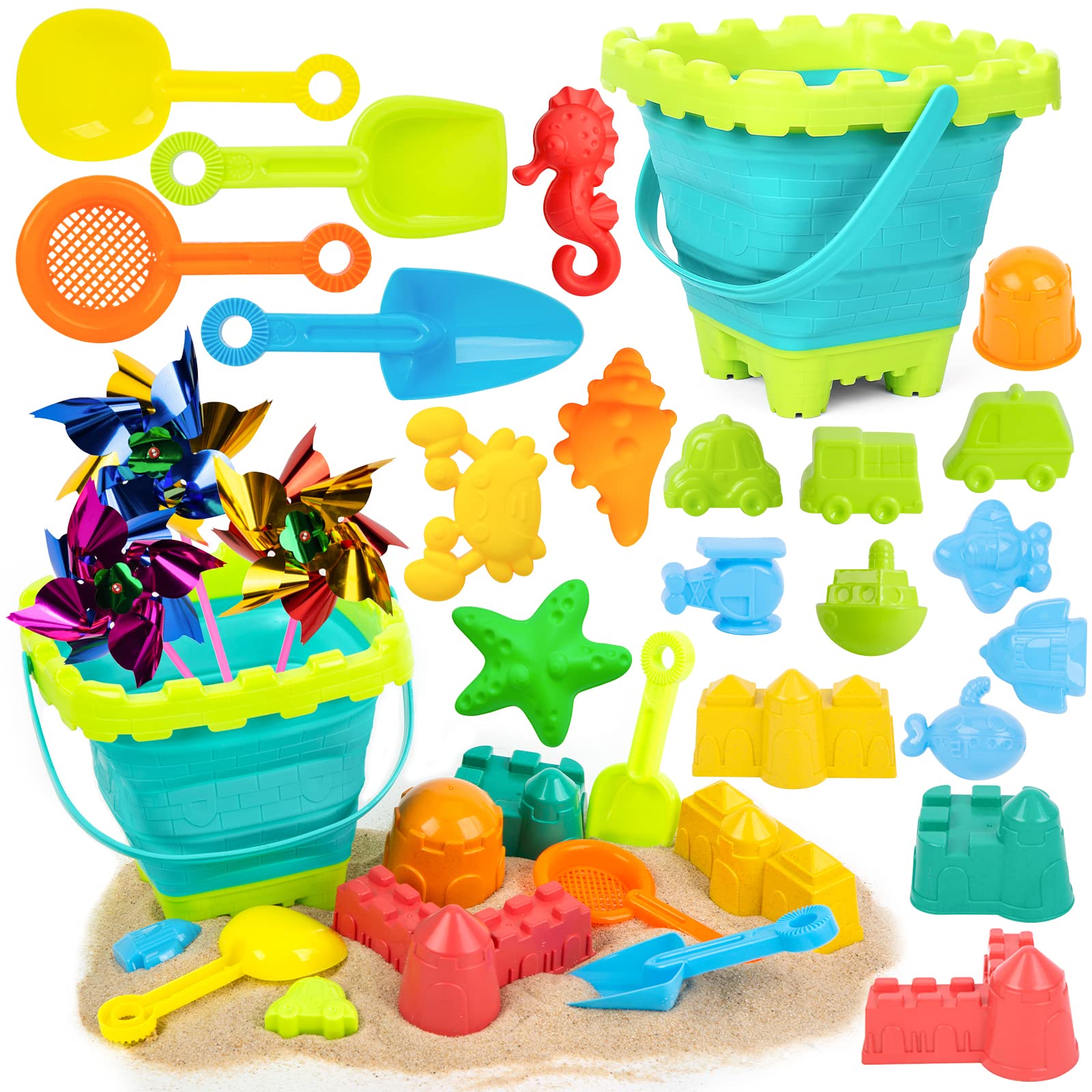 AMOR Present Beach Toys Set 31PCS, Foldable Bucket for Kids Sand Toys, Beach Pails and Collapsible Beach Toys with Castle and Sand Molds for Toddlers