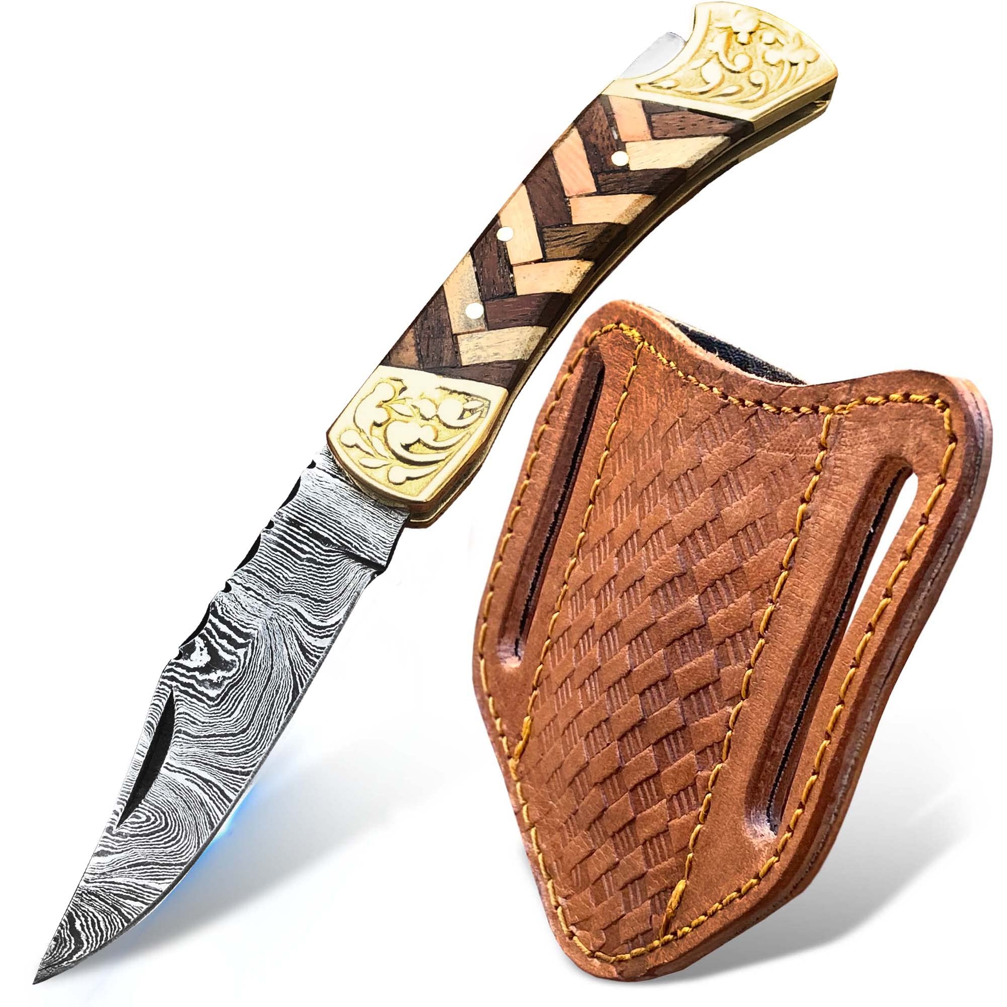 Photo 1 of WARLOCKS CLUB Handmade Damascus Pocket Knife with Sheath, 7" Folding Hunting Knife with Wood Handle, Small Camping Knife for Outdoor