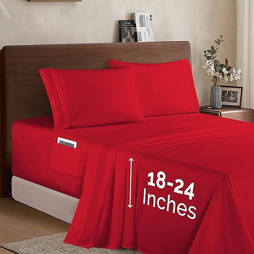 Elegant Comfort Luxury 1500 Premium Hotel Quality Microfiber 4-Piece Sheet Set - Soft, All Around Elastic 18-24 Inches Deep Fitted Sheet - Extra Deep Pocket Sheets, King, Red