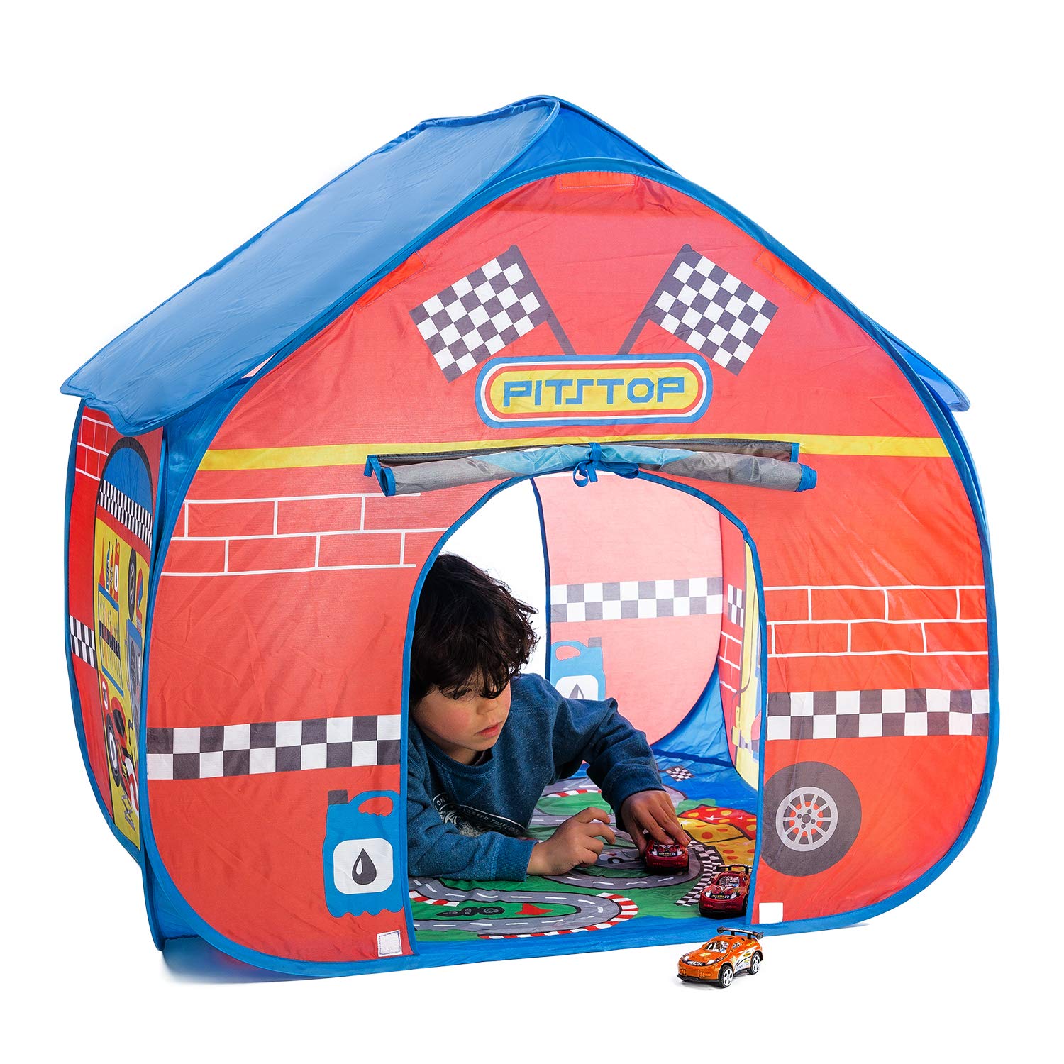 Pop It Up Pit Stop Tent with Race Mat Playhouse Fun2Give, Front & Back Doors, Spacious Interior, Pretend Play, Toddlers & Kids Ages 3+