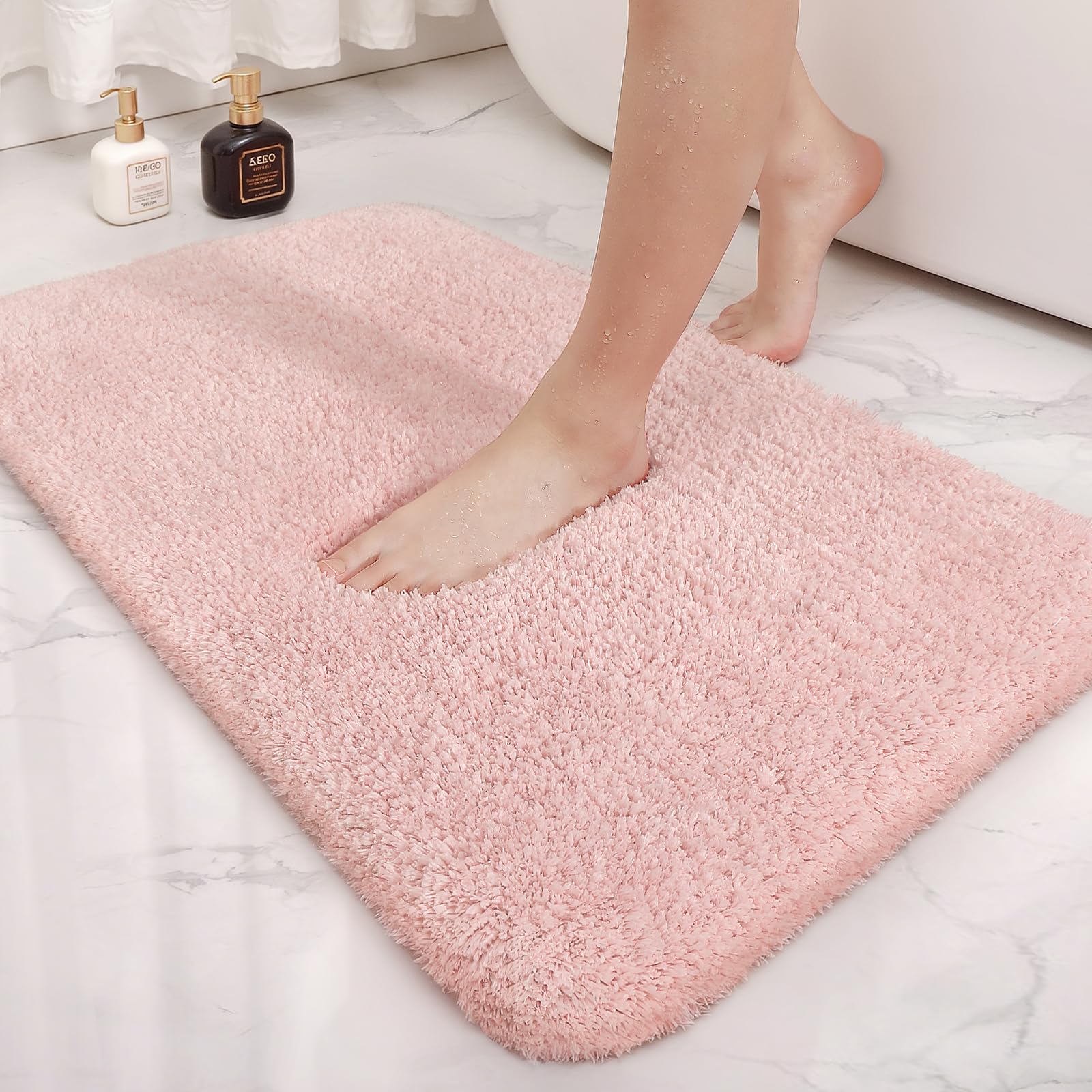 Photo 1 of Color&Geometry High Pile Light Pink Bathroom Rugs 20"x32"- Upgrade Your Washroom with Soft Blush Bath Mat- Plush, Non Slip, Absorbent, Washable Microfiber Shower Rug/Carpet for Outside Tub
