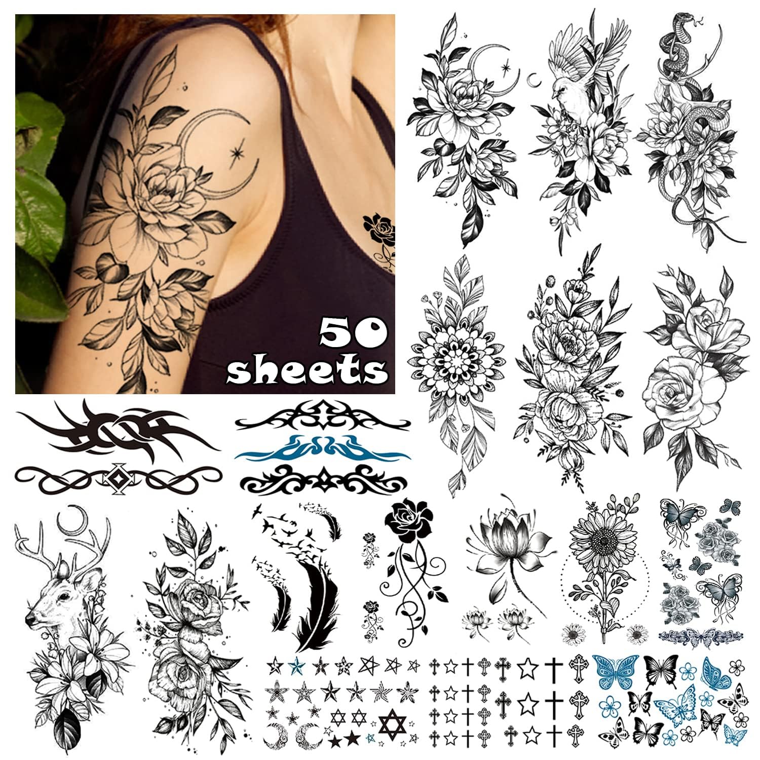 Acevegue Flower Temporary Tattoos for Women, 50 Sheets Waterproof Butterfly Feather Rose Tattoo Stickers, Semi Permanent Black Fake Tattoos Body Art for Girls and Women