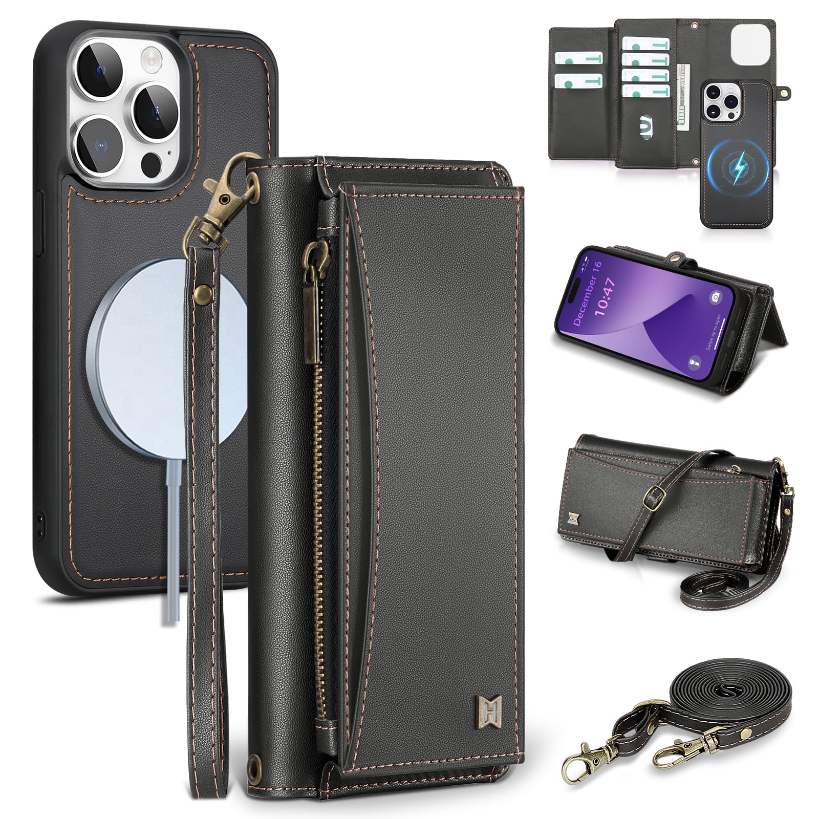 BLISLIAR Wallet Case for iPhone 14 Pro with Card Holder/Crossbody Wallet/Strap| RFID Blocking | Magnetic | Kickstand | Detachable | PU Leather Phone Case for iPhone 14 Pro,6.1 in,Black