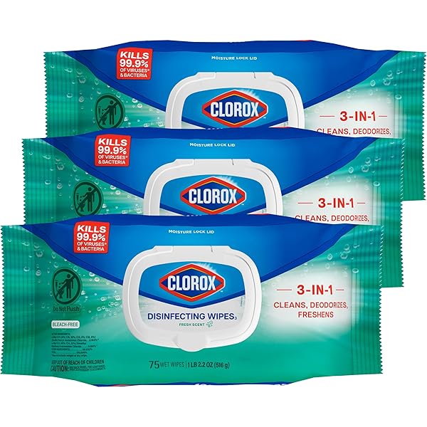 CLOROX DISINFECTING WIPES FLEX PACK, BLEACH FREE, FRESH SCENT, 75 COUNT, PACK OF 3 (PACK MAY VARY)