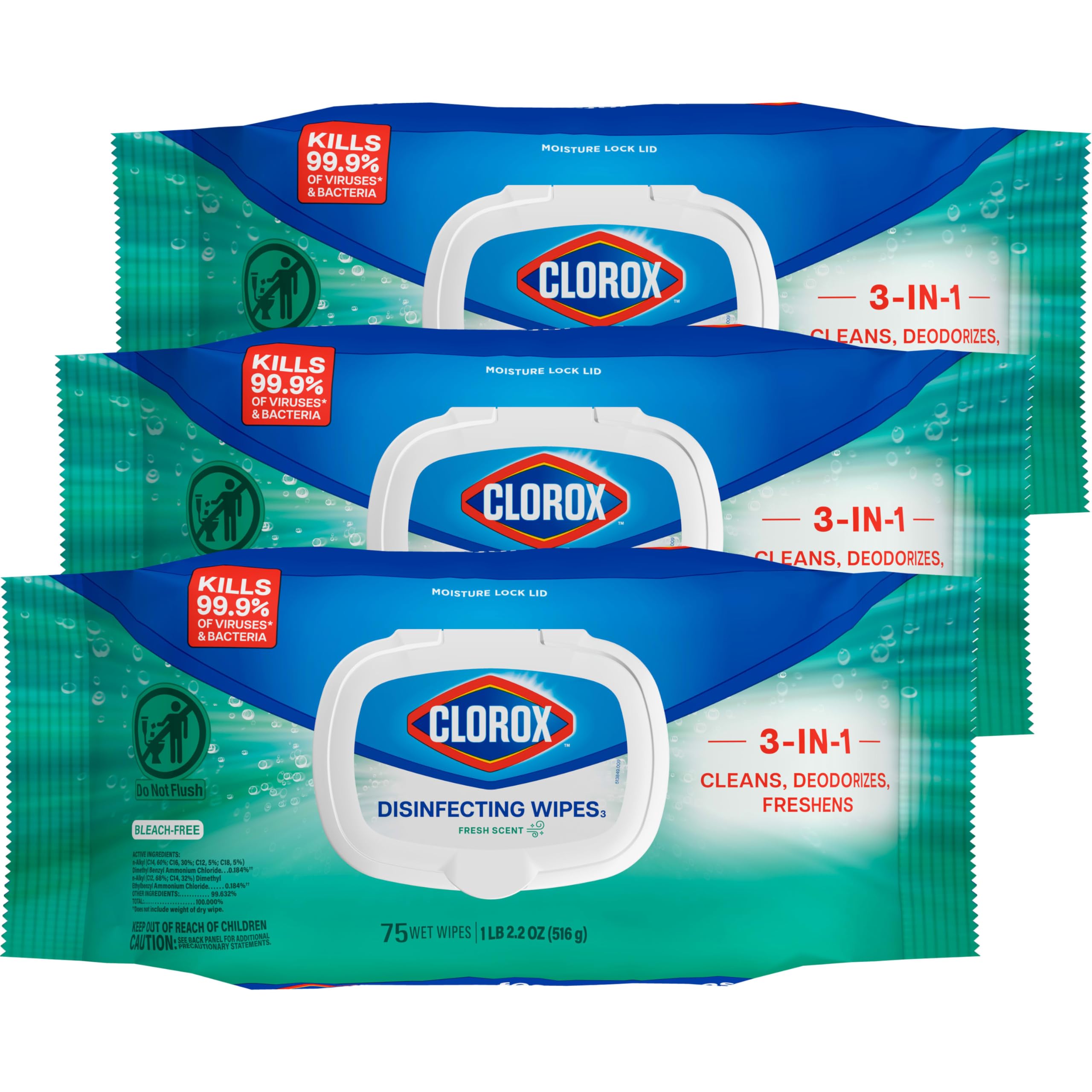 Clorox Disinfecting Wipes, Fresh Scent, 75 Count, 3 Pack