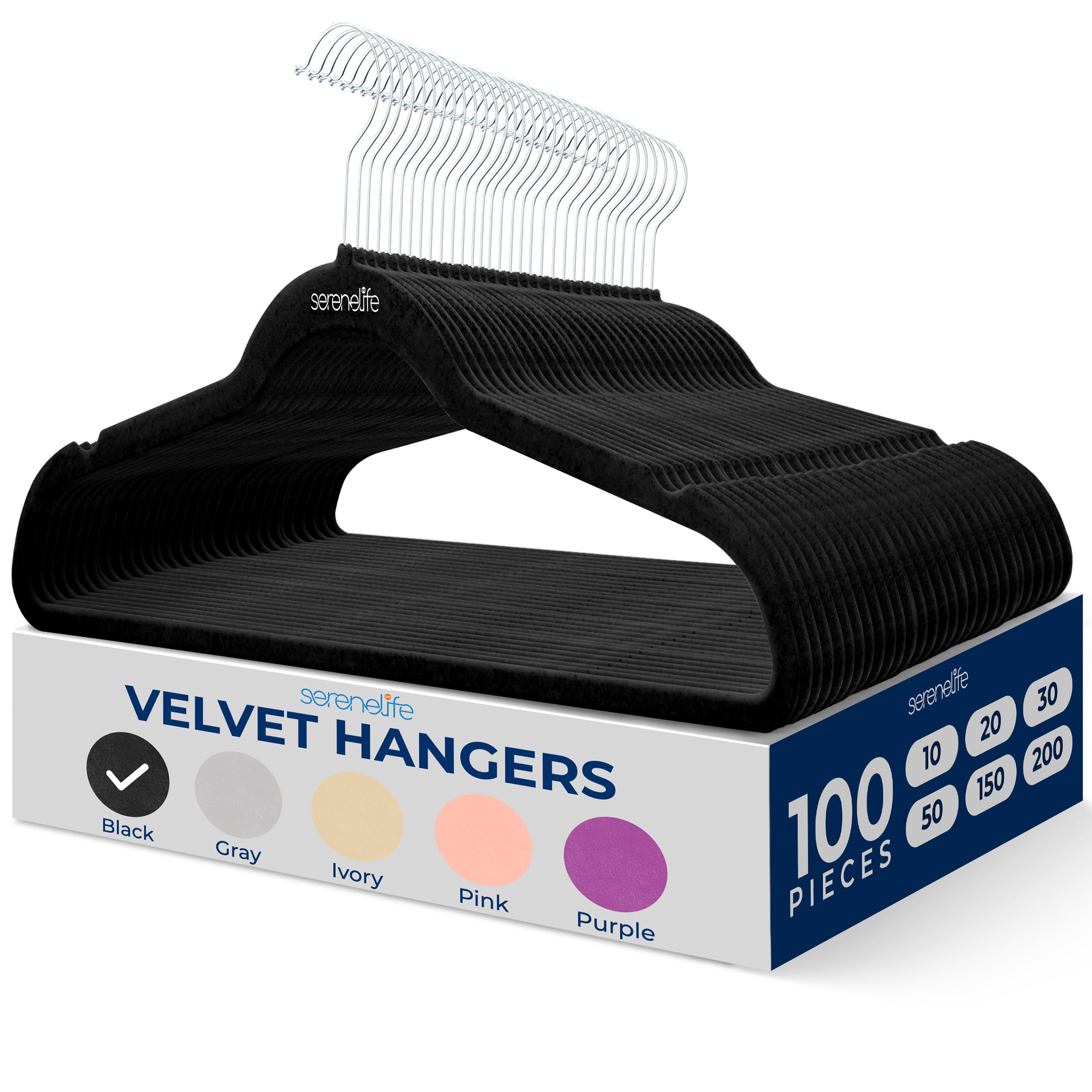 SereneLife Velvet Hangers 100 Pack Black – Slim Non-Slip Clothes Hangers with Chrome 360° Swivel Hook, Durable 10 lbs Capacity, Ultra-Thin Space Saving Hangers for Closet Organization Image