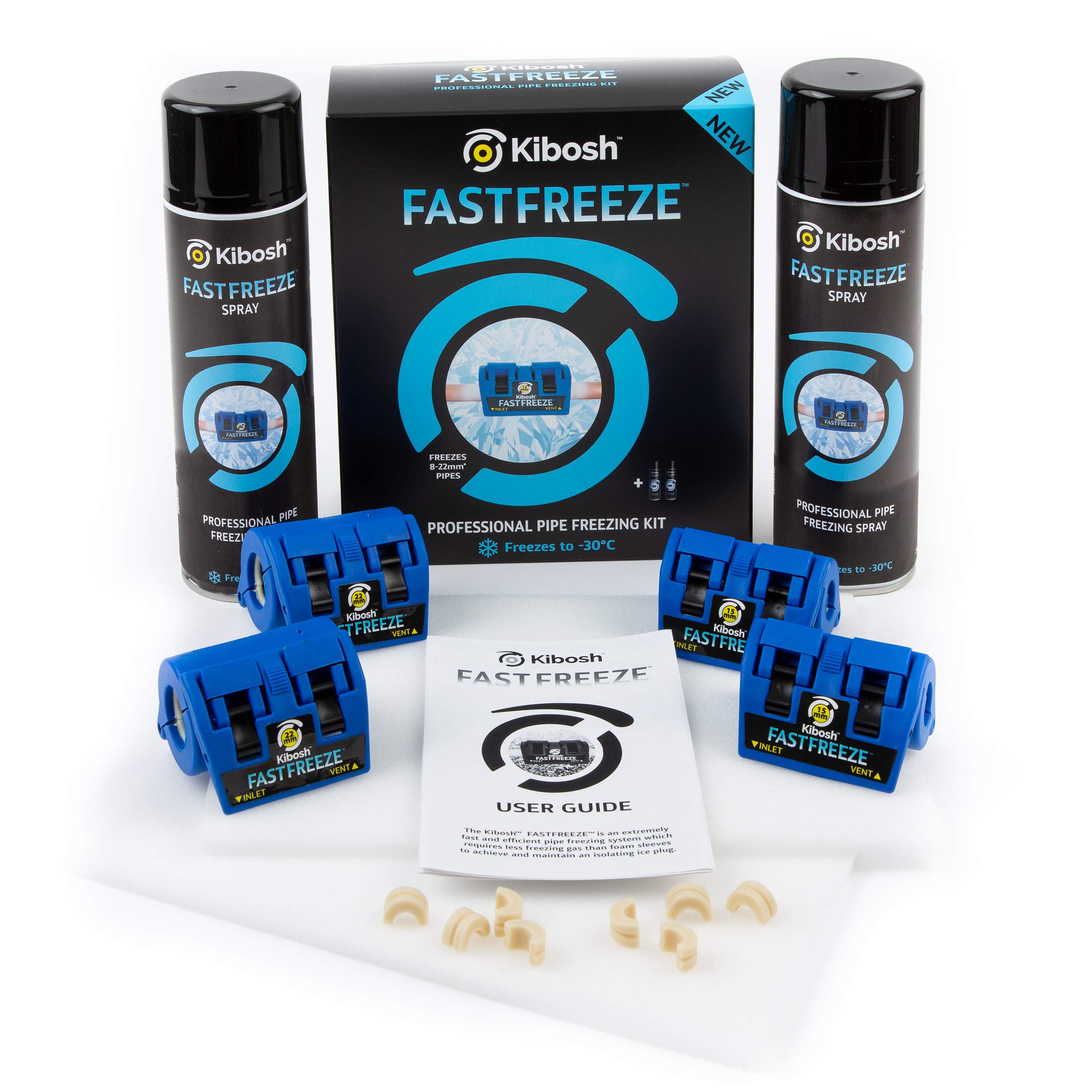 Kibosh FASTFREEZE Kit 6 (2 x 15mm/USA-CAN 1/2", 2 x 22mm/USA-CAN 3/4" Clamps Plus 2 Cans of FASTFREEZE Spray)