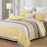Cottolester Boho Quilt Set King Size Yellow Striped Bedspread Lightweight Soft Microfiber Bedding Set 110"x90" (3 Pieces)