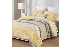 Cottolester Boho Quilt Set Queen Size Yellow Striped Bedspread Lightweight Soft Microfiber Bedding Set 96"x90" (3 Pieces)