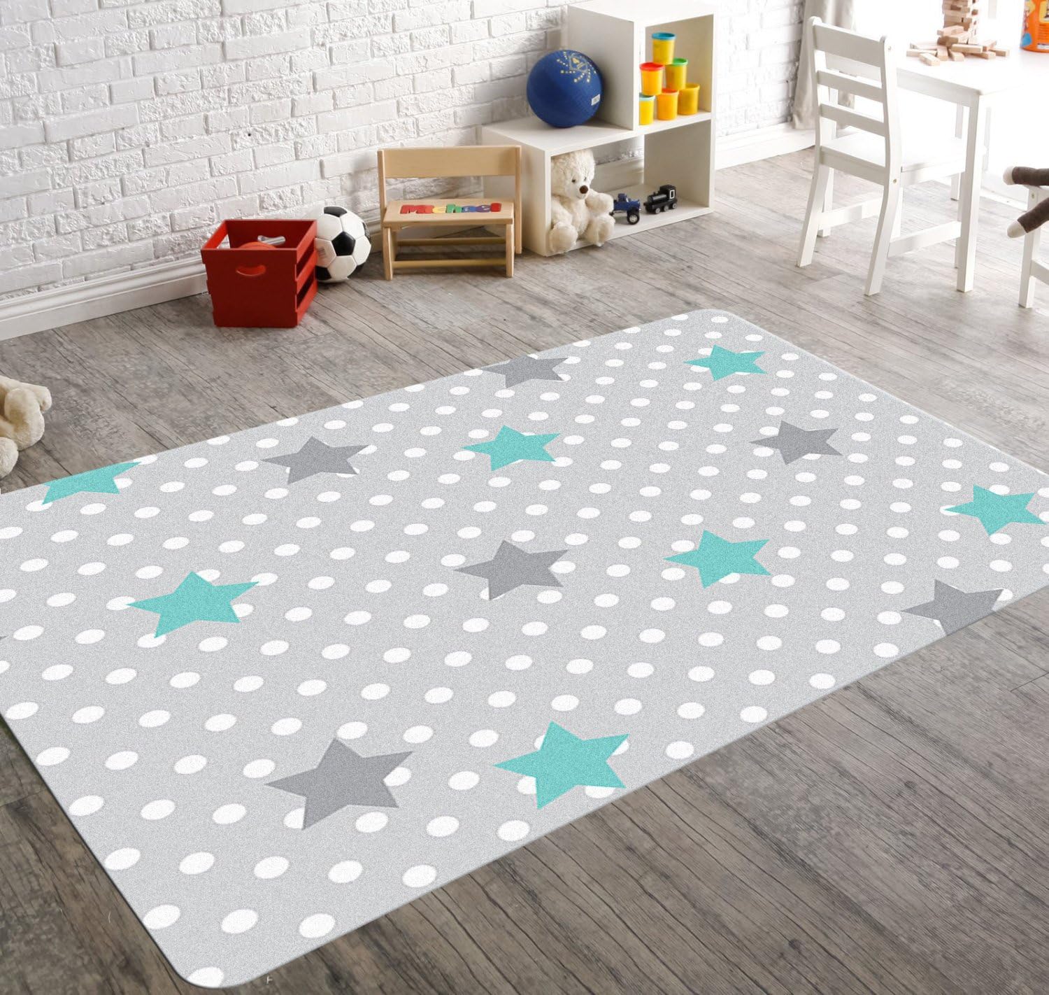 HawkerPeddler Kids Polka Dot Stars Nursery Modern Floor Area Bedroom Blue and Grey 5ft x 4ft Thin Rug