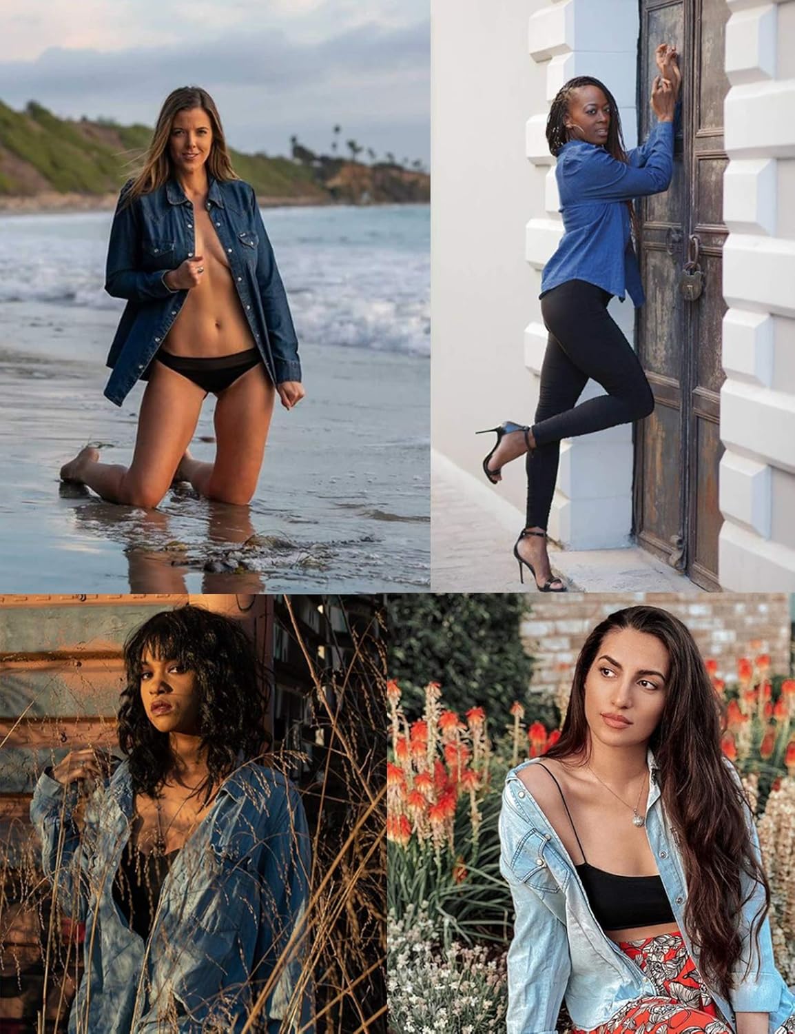 Chainscroll Women's Chambray Shirt Classic Vintage Long Sleeve Button Down Denim Shirt: Clothing