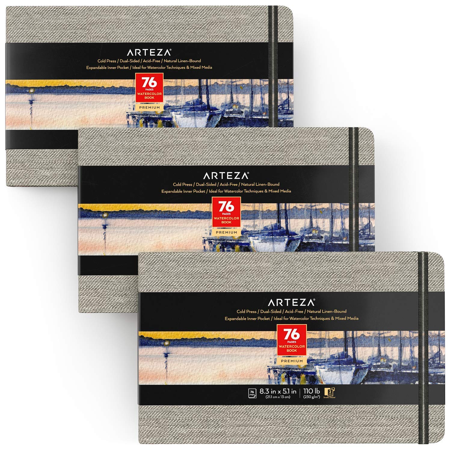 Arteza Watercolour Sketchbook 21 x 13 cm, Pack of 3, 76 Pages per Journal, 230gsm, Linen Bound, with Bookmark Ribbon and Elastic Strap, for Watercolour Techniques and Mixed Media