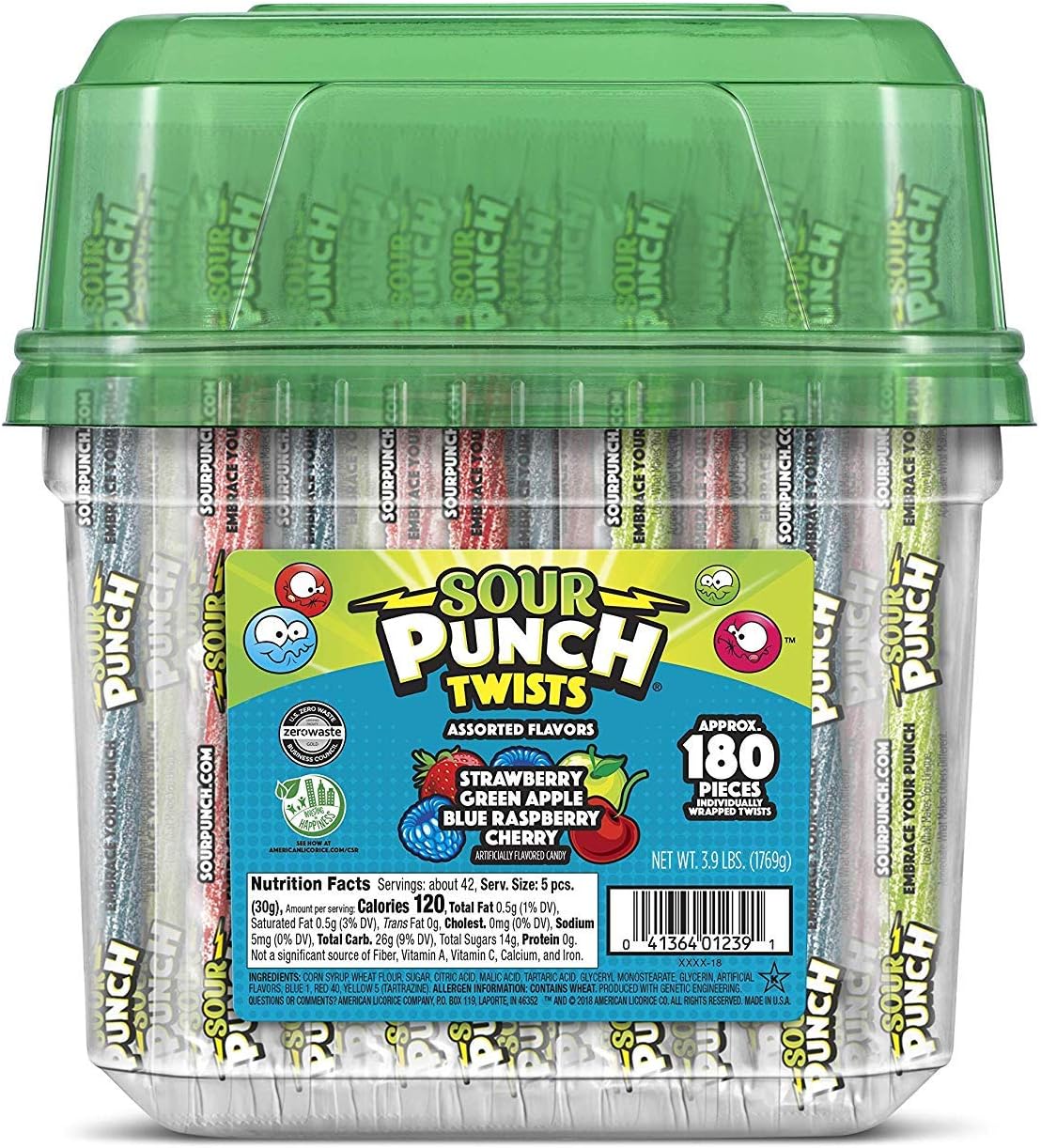 Sour Punch Twists, 6" Individually Wrapped Soft & Chewy Candy Tub, 4 Fruit Flavors, 62.4 Oz - PACK OF 3