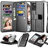 Njjex Compatible with iPhone 12 Case/iPhone 12 Pro Wallet Case 6.1 inch (2020), [9 Card Slots] PU Leather ID Credit Holder Folio Flip [Detachable] Kickstand Magnetic Phone Cover & Lanyard [Black]