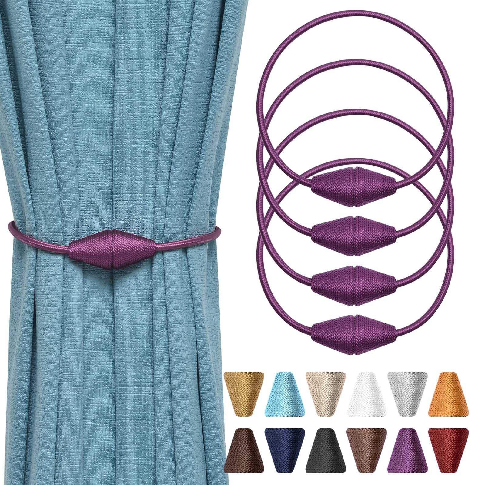 Pretty Jolly 4 Pack Upgrade Magnetic Curtain Tiebacks Handmade Weave Rope Curtain Holdbacks Convenient Decorative Cone Curtain Drape Tie Backs for Home & Office Window Drapery (Purple) — image 1