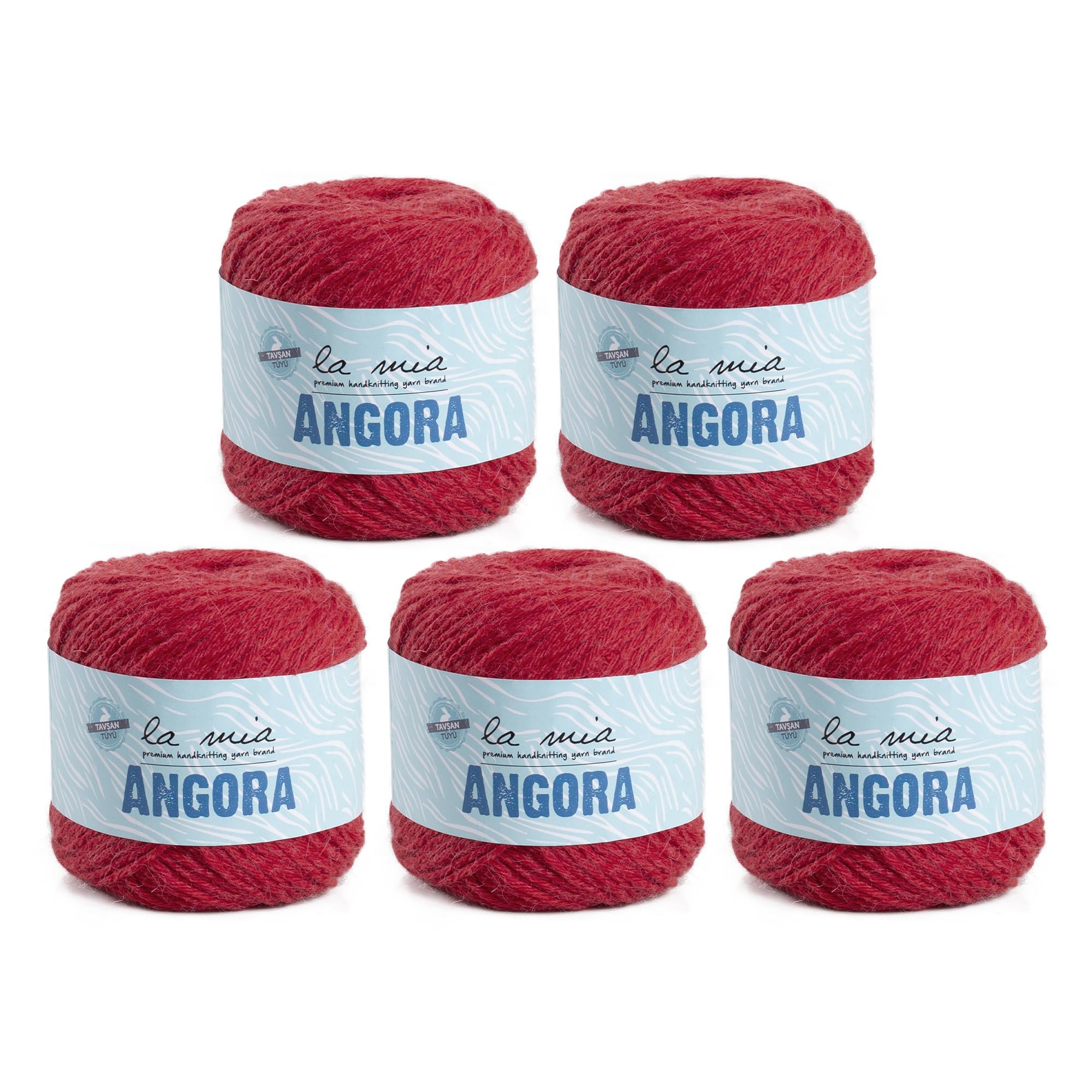 5 Ball La Mia Angora Wool Total 8.8 Oz. Each 1.76 Oz (50g) / 136 Yrds (125m), 15% Angora, Light-Dk Premium Yarns, Red - L004