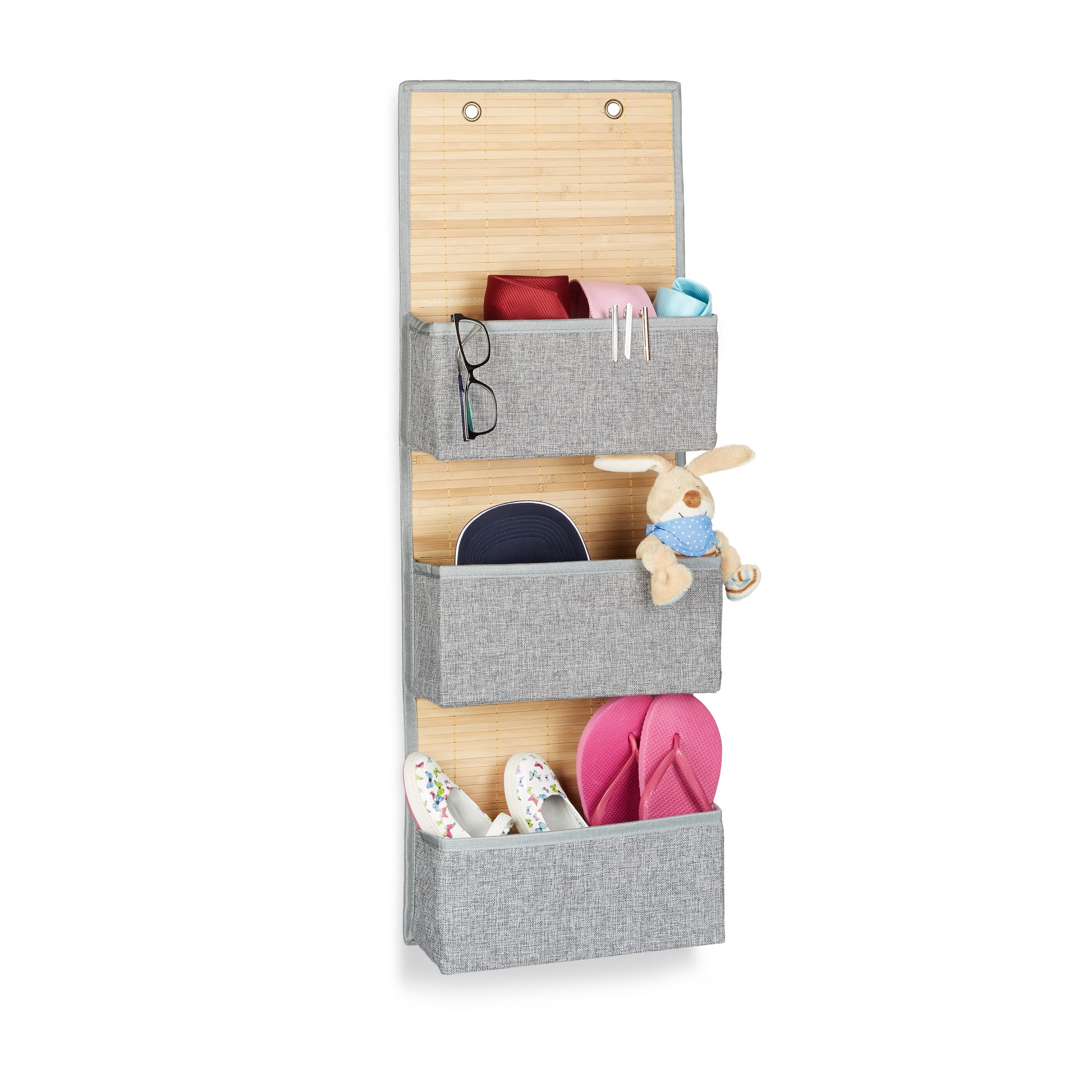 Relaxdays Hanging Storage for Bathroom & Hallway, 3 Compartments Door Organiser 94 x 33 x 12 cm, Bamboo & Fabric, Gray