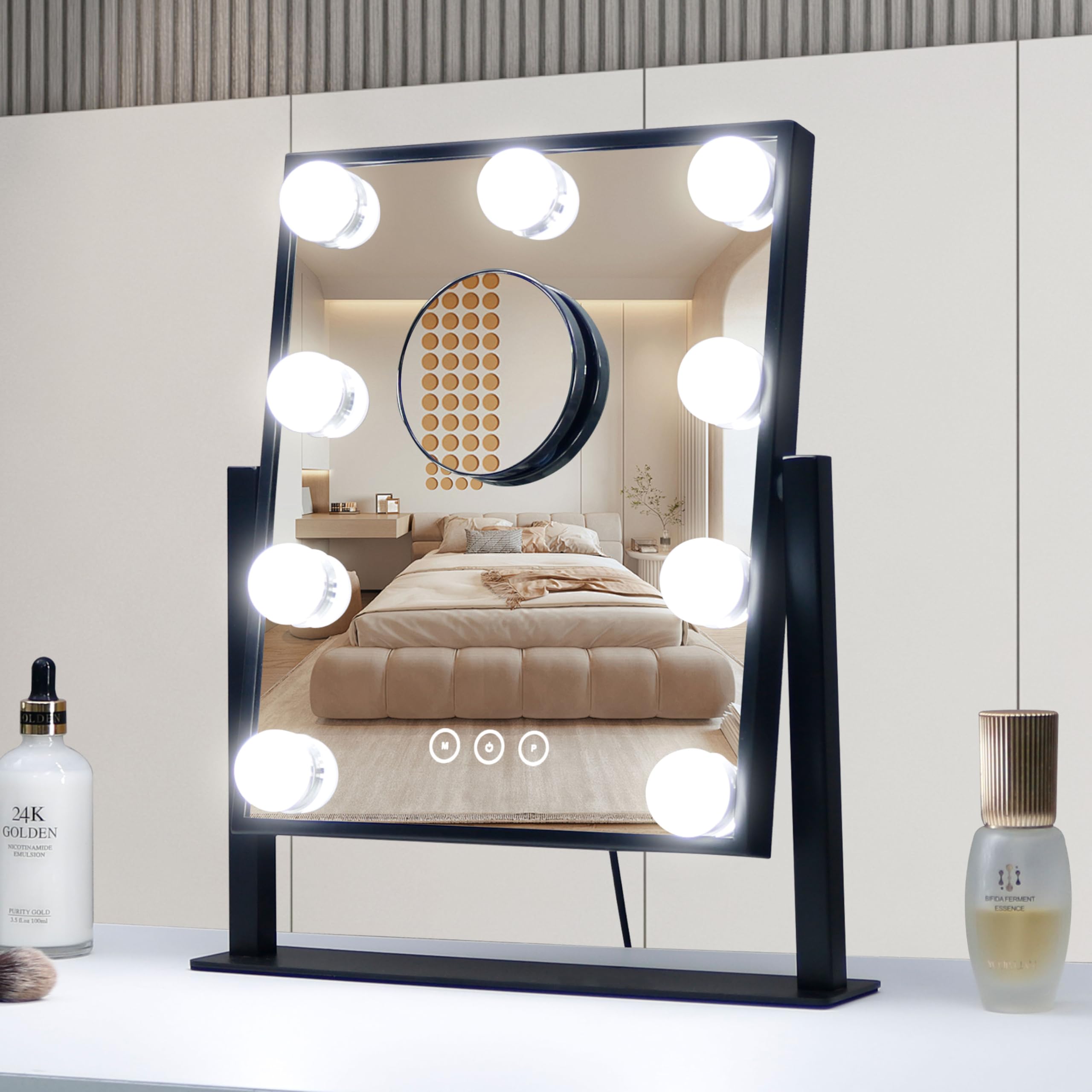 Kotdning Vanity Mirror with Lights,Lighted Vanity Mirror with 9 Dimmable Bulbs for Dressing Room & Bedroom,3 Color Lighting,Modes Detachable 10x Magnification 360°Ratation (Black) 12