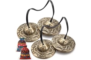 Foilswirl 2 Pcs Tibetan Tingsha Cymbals with 2 Pcs Tibetan Drawstring Cloth Bags Meditation Chime Bells 2.56 Inch Handcrafted Meditation Accessory (2 Dragons with Bell Embossed,Red,Green)