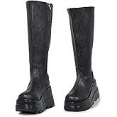 Gothniero High Platform Knee Boots Chunky Heel Wedge Black Boots For Women Combat Goth Punk Motorcycle Booties Zip up With Metal Buckles Size5-11