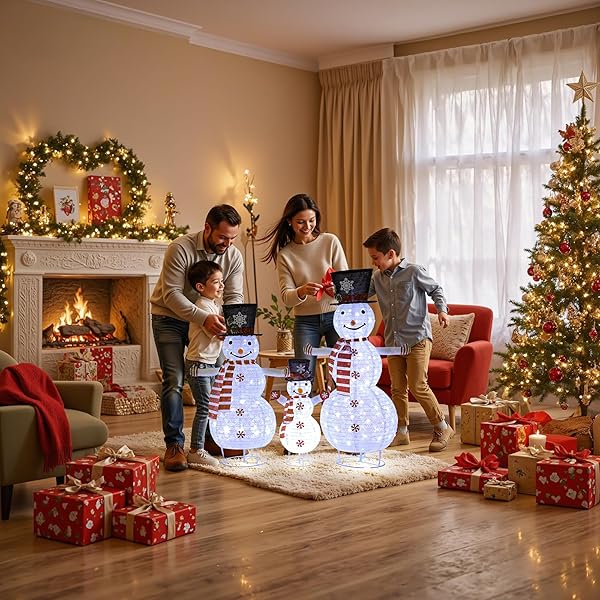 3PC SNOWMAN OUTDOOR CHRISTMAS DECORATIONS,CHRISTMAS SNOWMAN FAMILY SET,PERFECT FOR XMAS AND XMAS EVE,LIGHT UP XMAS HOLIDAY INDOOR/OUTDOOR LAWN YARD GARDEN PARTY DECORATION