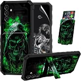 ACWDMKH for Galaxy A14 5G Phone Case with Screen Protector & Kickstand & Card Holder for Samsung Galaxy A14 5G Case Dual Layer Hybrid Heavy Duty Cover,Green Skull Black