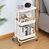 Urackify 3-Tier Metal Rolling Storage Cart with Plastic Top - White view 5