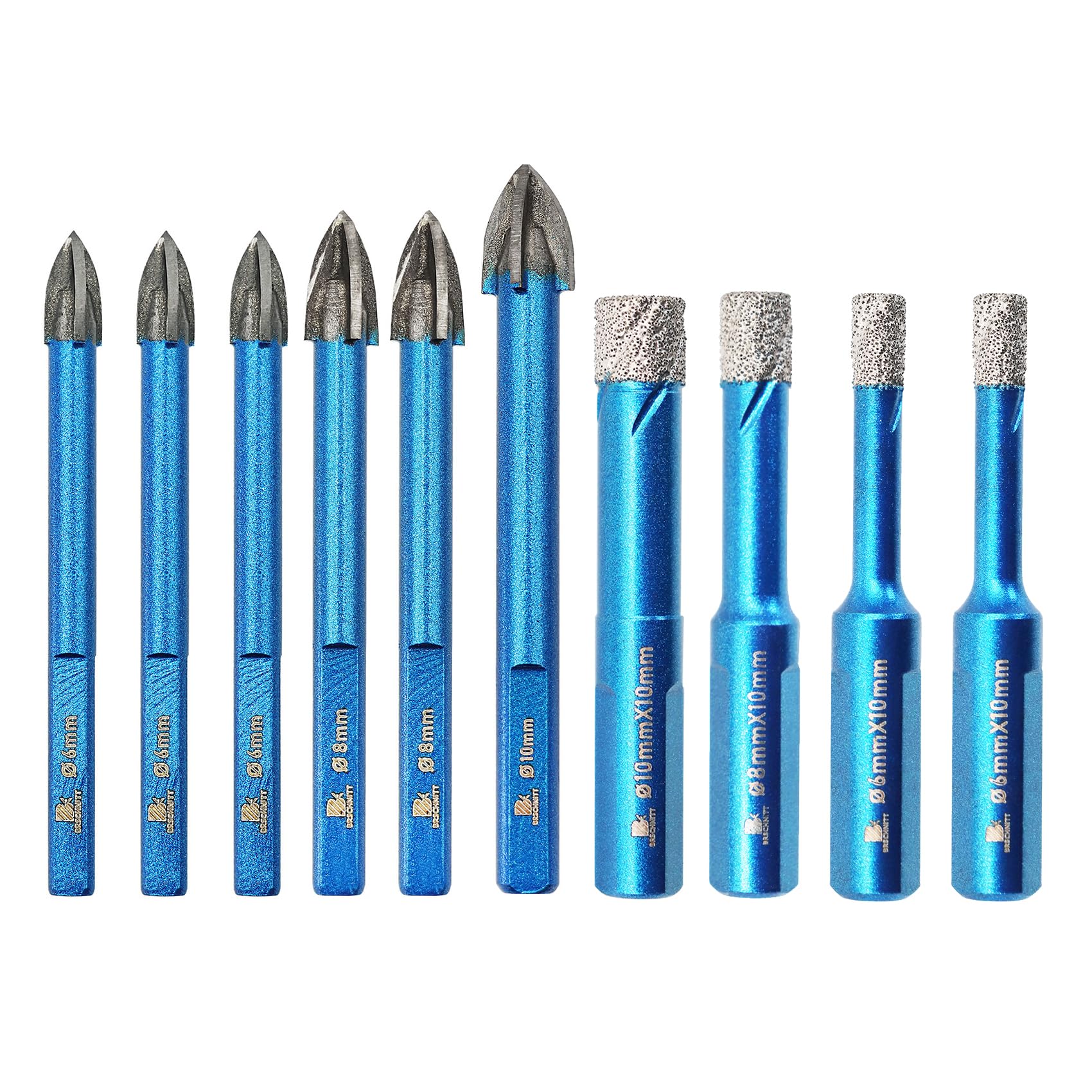 Dry Diamond Core Drill Bit Set,BRSCHNITT 1/4"*2,5/16",3/8"Diamond Hole Saw& 1/4"*3,5/16"*2,3/8"*2Carbide drill bits with Triangle Shank for Porcelain Tile Ceramic Stone Granite Marble(10pcs) — image 1