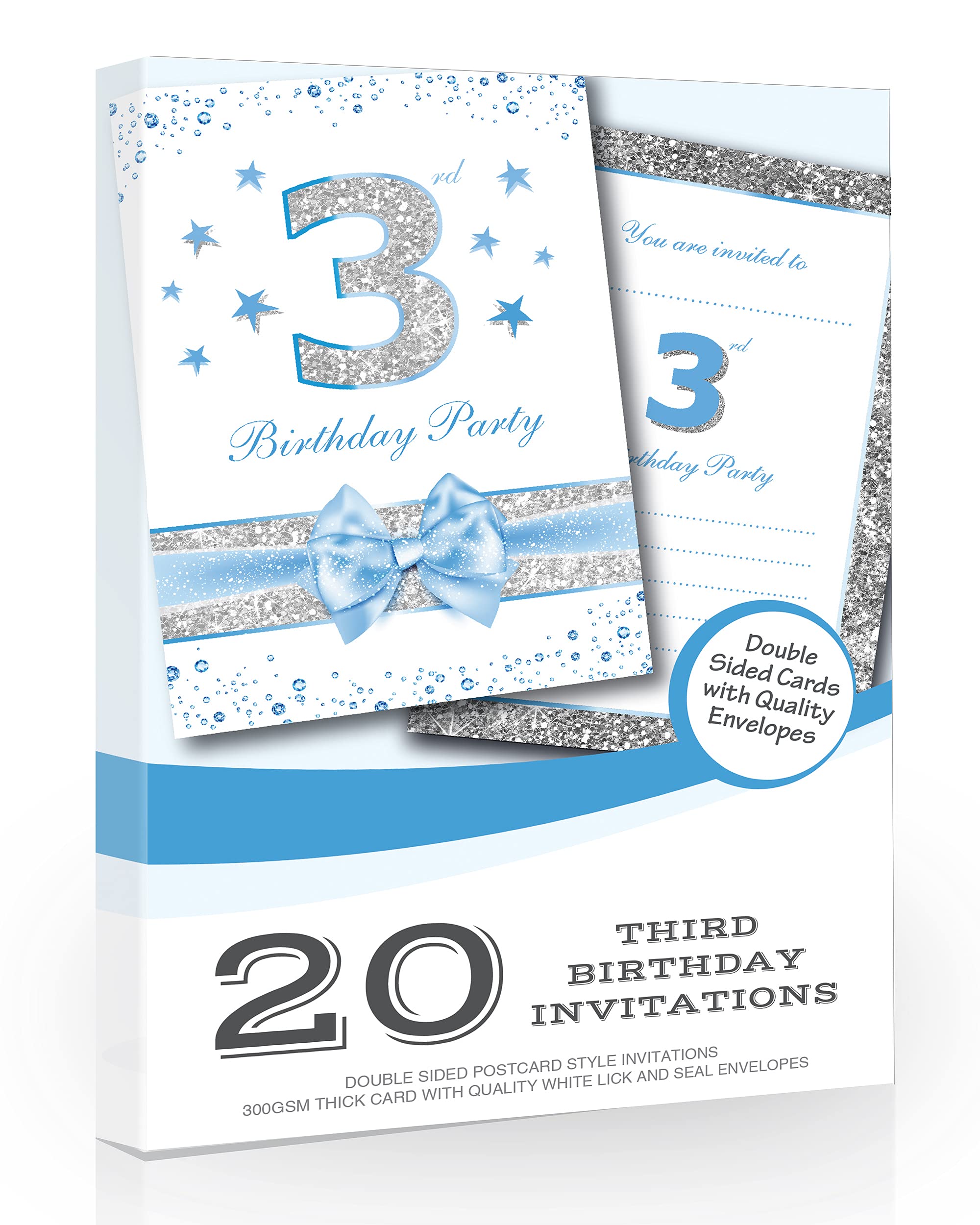 Olivia Samuel 20 x 3rd Birthday Party Invitations from Baby Boy Blue Sparkly Design and Photo Effect Silver Glitter - A6 Postcard Size with envelopes