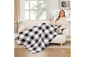 LAFFYLO Electric Blanket Heated Throw 50" x 60" Warm Cozy Flannel Buffalo Plaid Throw Blankets with 4 Heating Levels & 3 Hours Auto Shut Off, Control Temperature and Washable, for Sofa and Bed, Black & White