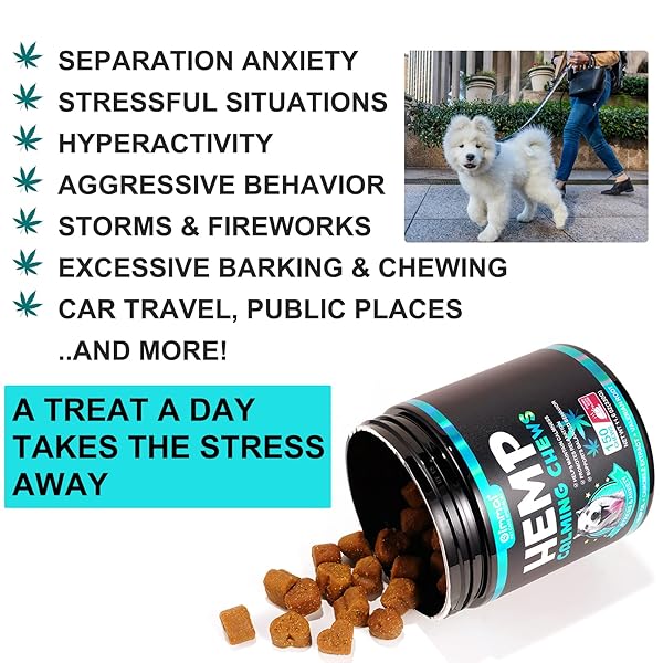 HEMP CALMING CHEWS FOR DOGS, 150 CHEWS PREMIUM DOG CALMING TREATS WITH HEMP OIL – ANXIETY, SEPARATION, BARKING, STRESS RELIEF, MELATONIN FOR DOGS, SLEEP CALMING AID FOR ALL AGES, BREEDS & SIZE
