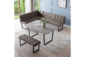 HIPIHOM 3 Piece Dining Table Set with Bench, 42.9 Inch Modern Kitchen Table with Right Seat Corner Bench and 43.3 Inch Bench for Family Dining Room Furniture