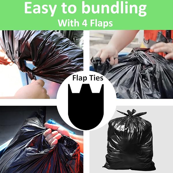 65 GALLON TRASH BAGS HEAVY DUTY 1.2 MIL 60 COUNT BULK WITH 4 INNOVATIVE FLAP TIES | COMPATIBLE WITH RUBBERMAID BRUTE 65 GALLON ROLLOUT TRASH CAN BIN | TEAR & LEAK RESISTANT BLACK