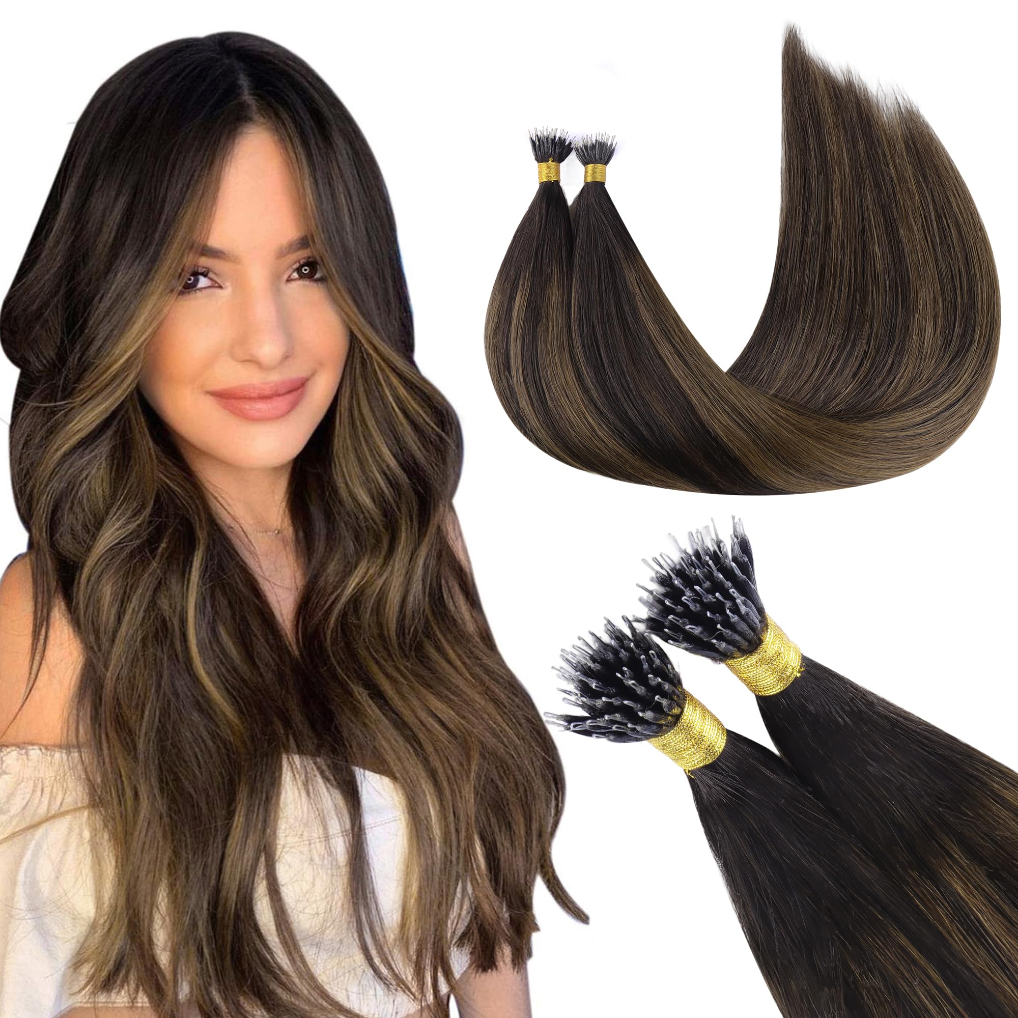 GOO GOO Nano Hair Extensions Real Human Hair, Nano Beads Hair Extensions, Balayage Dark Brown to Chestnut Brown 50g 18inch 50 Strands Cold Fusion Nano Rings Extensions