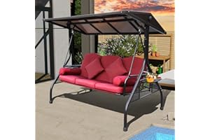 NOBLEMOOD Hardtop Patio Porch Swing, 3 Seat Outdoor Swing with Convertible Backrest, 2 Side Cup Holder, Thickened Cushion, 4 Pillows for Adult, Garden, Lawn